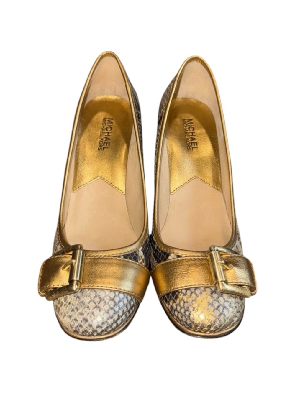 Michael Kors Tiara Gold Snakeskin Leather Buckle Cone Heel Pumps Size 9M